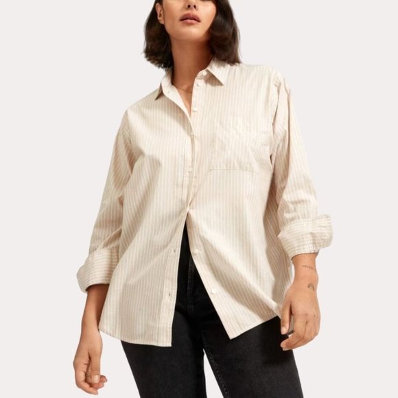 Everlane Tops - Everlane Silky Cotton Oversized Button Down Blouse Top Khaki Stripe 4 NWT fe